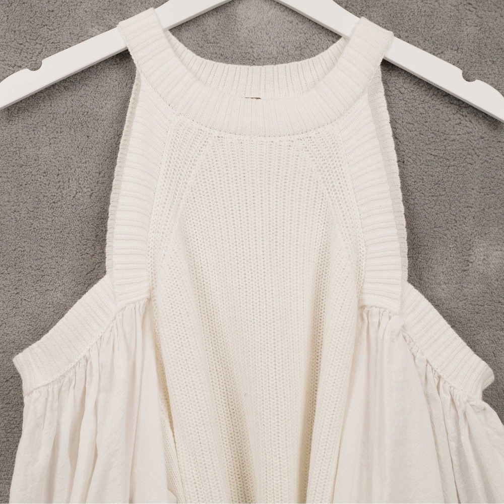 FREE PEOPLE Mixed Media Cold Shoulder Sweater Balloon Sleeve Beachy Ivory Sz S - Picture 3 of 7